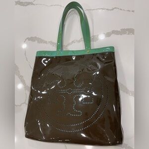 *FIRM$* TORY BURCH GIGANTIC BROWN & TURQUOISE PATENT LEATHER SHOULDER BAG TOTE